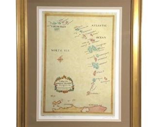 Signed Lucinda H. Watercolor Caribbean Map Litho
