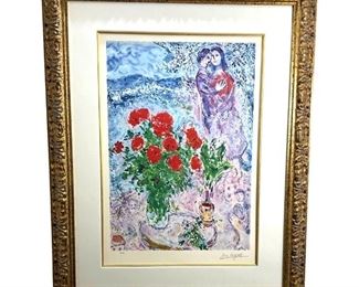 L/E Marc Chagall Red Bouquet With Lovers Litho
