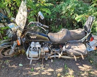 1984 Honda Goldwing 1200 with leather saddlebags in fair condition.
Will need new and tires. Parts will need to be gone through as this has sat for a couple of years
Has some rust spots as well.
Not running,new battery,no title