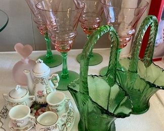 Watermelon stemware, green baskets, child’s tea set