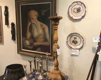 19th century St. Jerome painting, 17th century coffer. Huge signed Native American jar