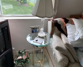 Circular Glass/Brass Side Table & Waterford Table Lamp