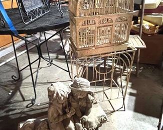 Bird Cage on Stand and Child Bench Lawn Ornament