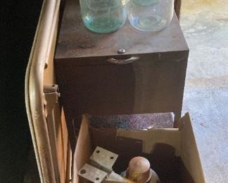 Card Table, Gallon Jars, Rolling File Cabinet, Security Light
