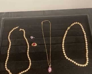 Vintage Pearls, 10k Gold Necklace, Two 10k Rings
