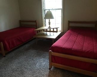 Pine Twin Bunk Beds.  Look at corner blonde mid century table.