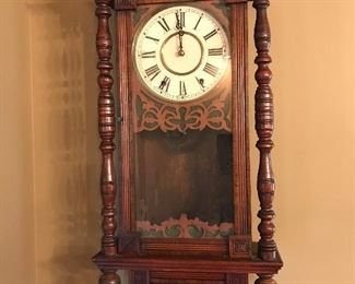 Love this New Haven 1887 Victorian Wall Clock . Signed Pendulum stem needs replaced.  Pendulum is beautiful.