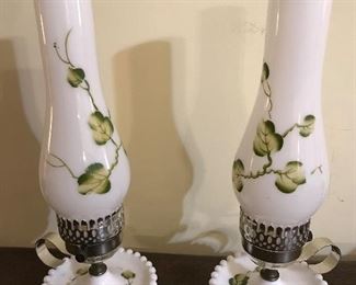 Wonderful Pair of hobnail finger electric lamps.  Painted shades - light on the lamp will turn on but takes some wiggling to make it stay on...needs fixed...otherwise great condition.