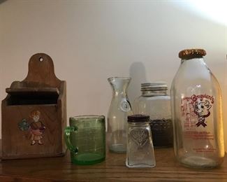 More primitives, milk bottle, shaker, milk carafe, green depression measuring cup, wall holder(wood)