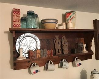 Another primitive shelf - more primitives - tins, yellow bowl, blue canning jars, tin figures etc