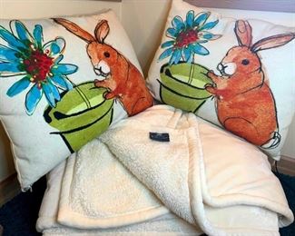 Bunny Theme Pillows & Large Cream color Thick Blanket