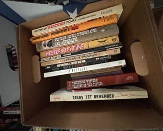 Books on Hollywood, Westerns, cars, trains, and Elvis.