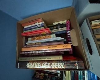 Books on Hollywood, Westerns, cars, trains, and Elvis.