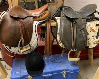 Two English riding saddles, helmet and contents of tack box. All for sale individually.