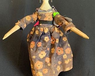6” wooden peg doll, English. Approximately 170 years old. Unsigned, or marked. Fully jointed. Doll in excellent condition for age, dress, Mmmmm, not so much.