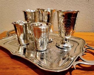 Vintage Mediterranean Silver Cordial Cups on Tray #7