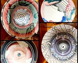 Set of 4 Slip Decorated art pottery bowls on display stands by WAYNE BATES $245 or bid #46
