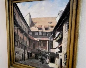 "Street Scene" vintage oil on canvas by German prisoner of war HERBERT LACKEY $425 or bid #65