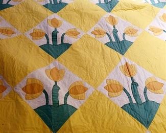 Large (king size?) hand-stitched quilt of yellow tulips #93
