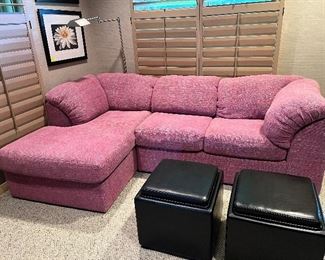 Custom handwoven pink tweed fabric - as beautiful as a vintage Chanel suit and comfortable too! 96"w x 36"h
Chaise is 61" L - ottomans not available