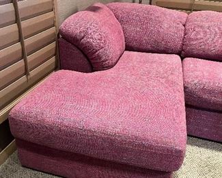 Custom handwoven pink tweed fabric - as beautiful as a vintage Chanel suit and comfortable too! 96"w x 36"h
Chaise is 61" L