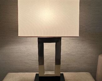 contemporary chrome and wood table lamp pair 30"H x 9"D with an 18"W shade