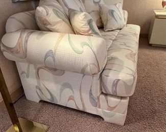 Vintage contemporary loveseat - Subtle off-white basketweave background with abstract pastel ribbon pattern. Colby's, 1980s - 66"w x 34"d x 27.5"h