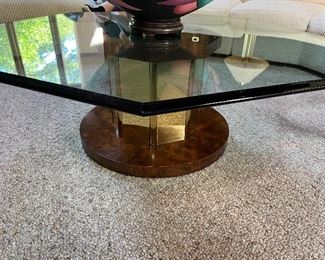 vintage smoky glass octagonal coffee table on mirrored brass and laminate base - 44"W x 16.75"H - Mastercraft??
