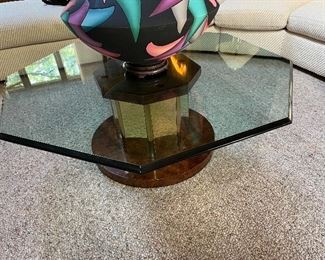vintage smoky glass octagonal coffee table on mirrored brass and laminate base - 44"W x 16.75"H - Mastercraft??Pottery piece not available