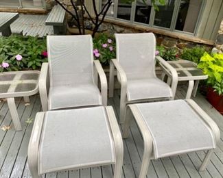 Halcyon outdoor patio furniture - aluminum framed table and sling chairs - total of 6 arm chairs, 1 round table, 2 ottomans, and 2 side tables