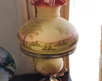 HAND PAINTED FENTON OIL LAMP. MANY OTHER PIECES OF HAND PAINTED FENTON TO MATCH. 