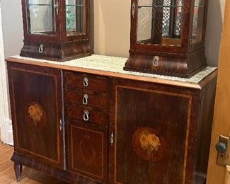 Belle Epoque Early 20th C French Inlaid Marquetry Sideboard with Glass Display Cabinets
