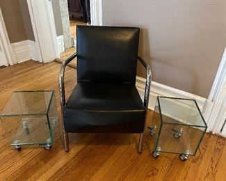 Mid Century Chrome Leather Armchair and Lucite End Tables