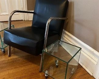 Mid Century Chrome Leather Armchair and Lucite End Tables