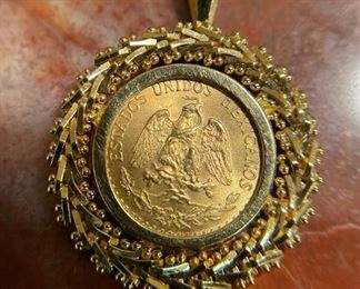 1945 GOLD Dos Pesos Coin with 18K GOLD Necklace Bezel