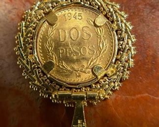 1945 GOLD Dos Pesos Coin with 18K GOLD Necklace Bezel