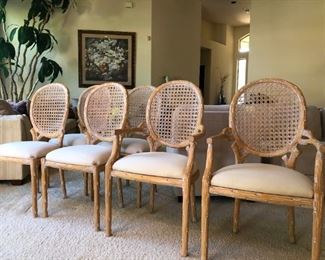 Six White Washed Wood, Rattan Chairs
