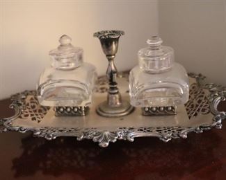 Antique Victorian Sterling Silver Inkwell Stand with Candleholder  518 grams 