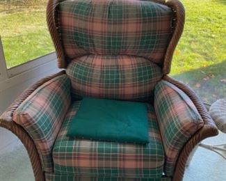 Rattan Recliner with Green Plaid Cushions
