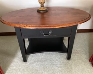 Oval Side Table with Drawer Natural Wood Top with Black Base