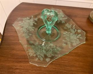 Beautiful Green Depression Glass Serving Plate with Handle