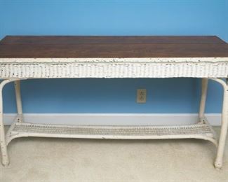 Wicker Side Table with Solid Wood Top. 61 in W x 20.5 in D x 30 in H