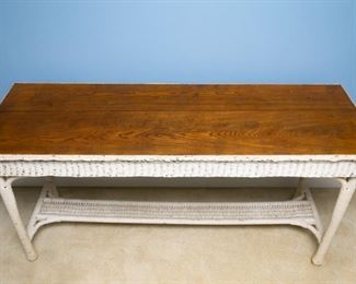 Wicker Side Table with Solid Wood Top