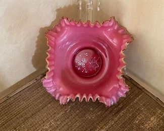 Cased glass with hand painted flowers ruffled edge bowl. 