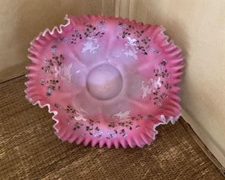 Cased glass bowl with ruffles and hand painted flowers. 