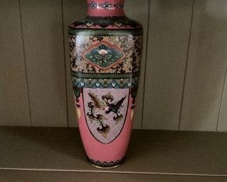 Large enamel on brass vase decorated with dragons and phoenix birds. 