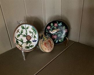Small enamel on brass cup plates.  Koi fish decorated magnifying glass. 