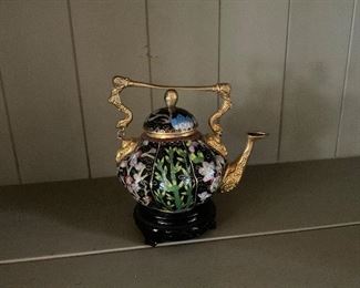 Sweet enamel and brass teapot with dragon handles.  