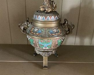 Large enamel and brass incense burner with dragon dogs. 