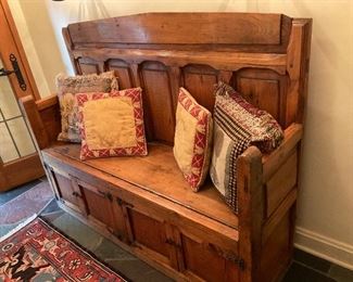 Antique oak high back bench. 